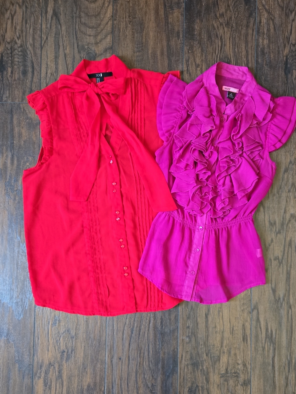 Forever 21 Bright Red Tie-Neck Blouse & Max Rave Magenta Sleeveless Ruffle Top.